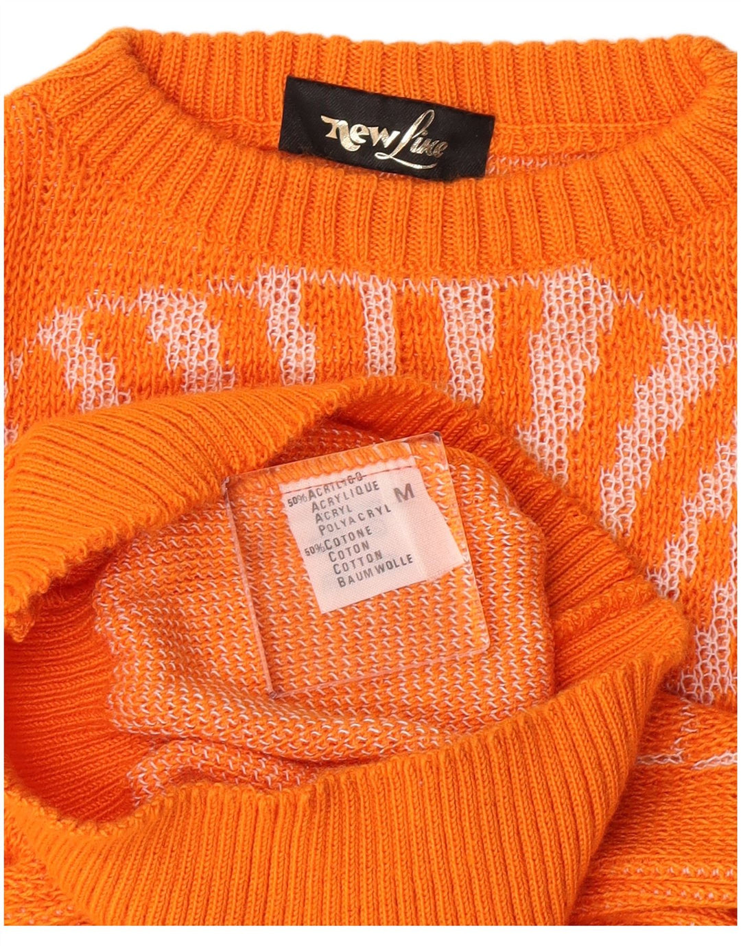 Vintage Damen Pullover mit grafischem Rundhalsausschnitt, UK 12, Mittelorange, Acryl