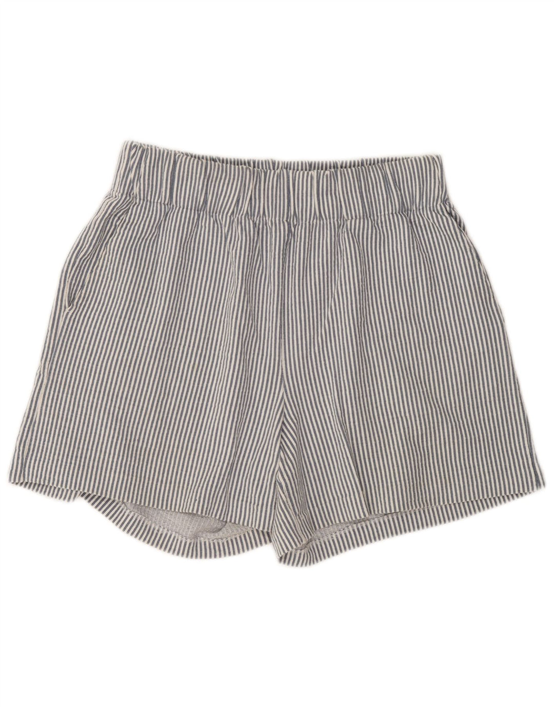 Benetton Damen-Shorts mit hoher Taille, mittelgroß, W30, blaue Nadelstreifen-Baumwolle