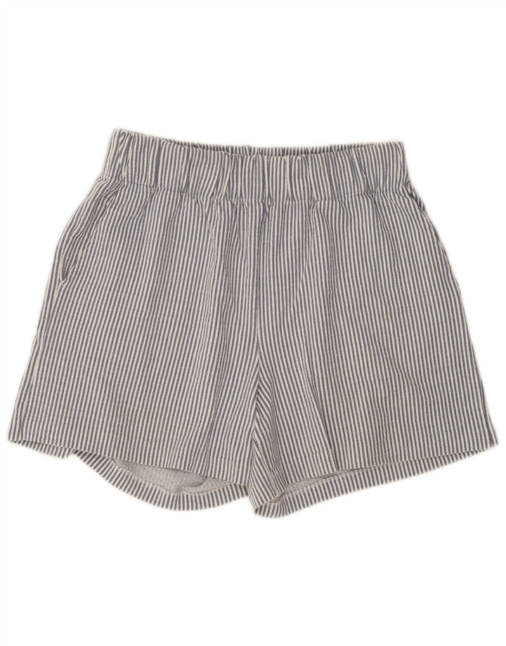 Benetton Damen-Shorts mit hoher Taille, mittelgroß, W30, blaue Nadelstreifen-Baumwolle