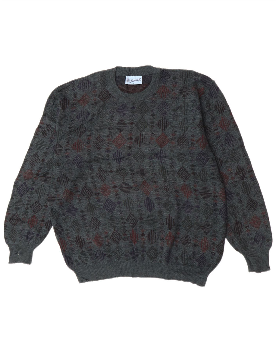 Vintage Herren-Pullover mit Rundhalsausschnitt, mittelblaue geometrische Schurwolle