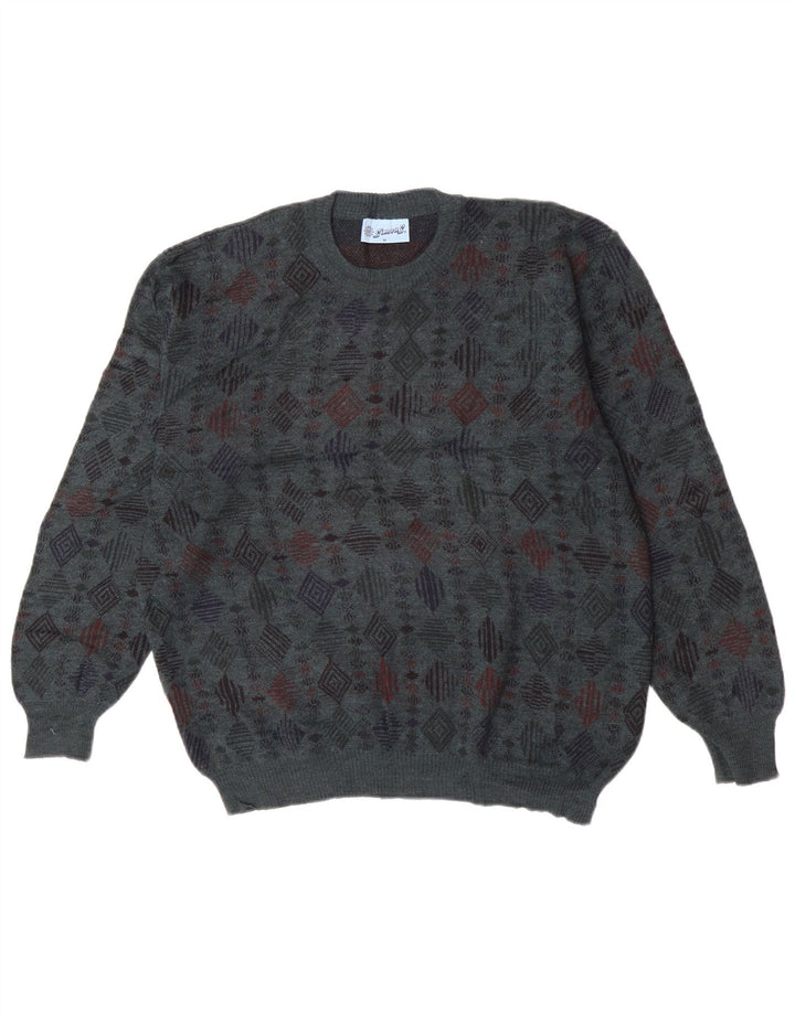 Vintage Herren-Pullover mit Rundhalsausschnitt, mittelblaue geometrische Schurwolle