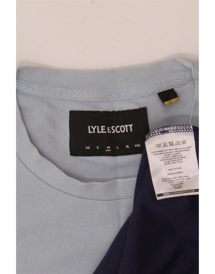 Lyle & Scott Herren-T-Shirt-Oberteil aus mittelblauer, marineblauer Colourblock-Baumwolle