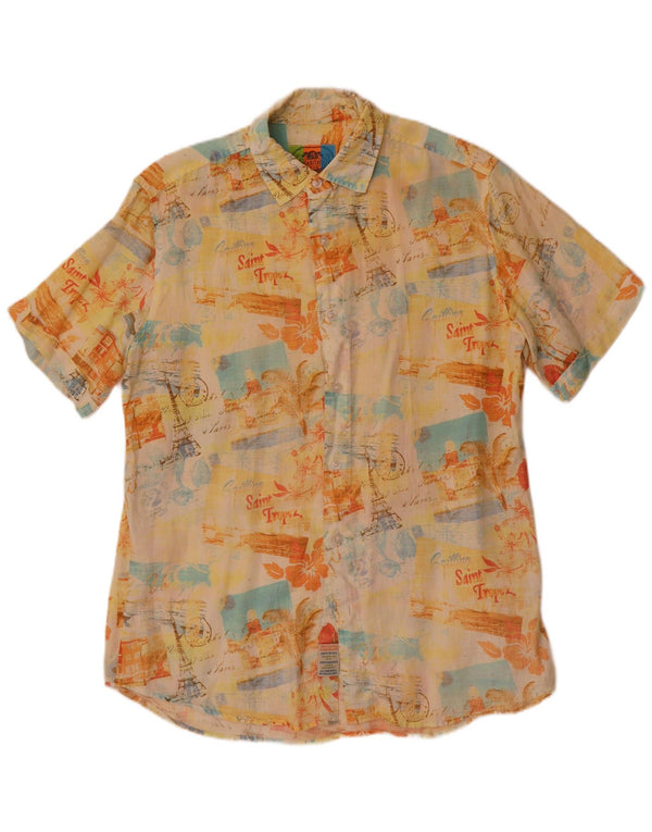 Vintage Herren Grafik Kurzarmhemd Mittelgelbes Blumenleinen