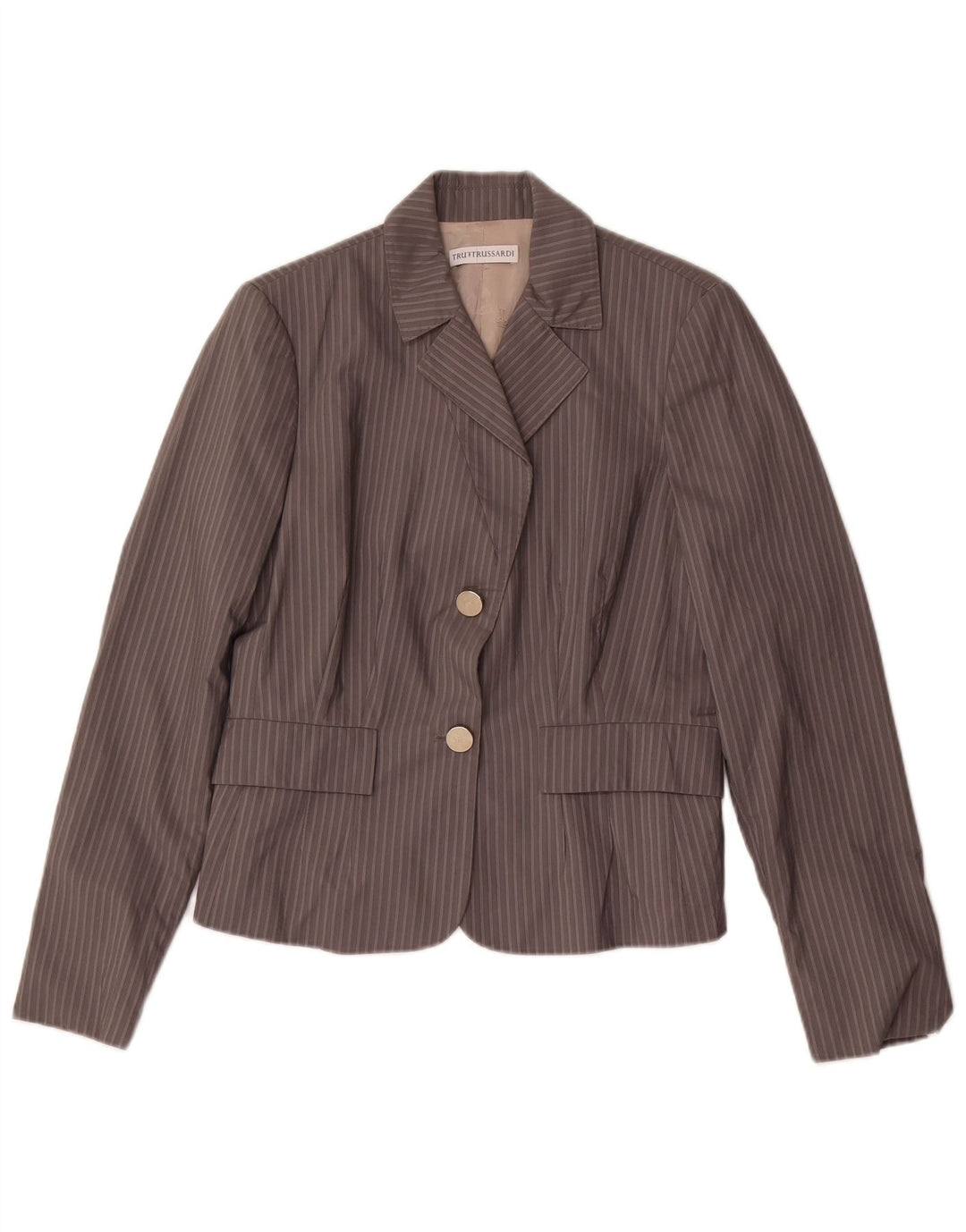 TRUSSARDI Damen 2-Knopf-Blazerjacke IT 44 mittelgraue Nadelstreifen-Baumwolle