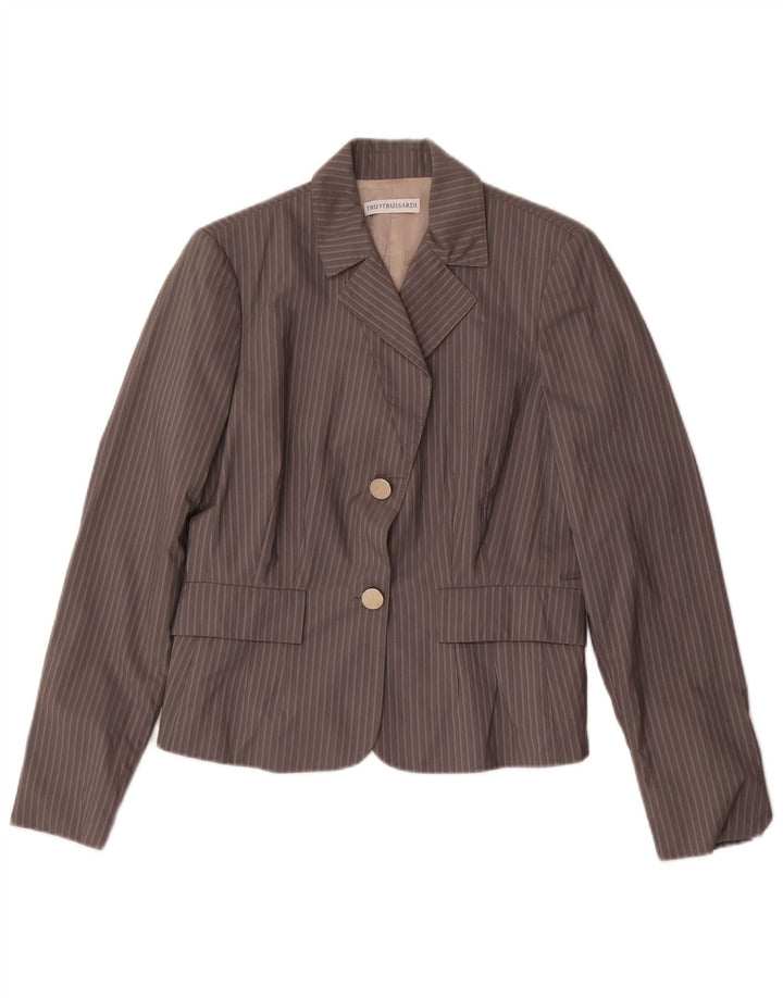 TRUSSARDI Damen 2-Knopf-Blazerjacke IT 44 mittelgraue Nadelstreifen-Baumwolle