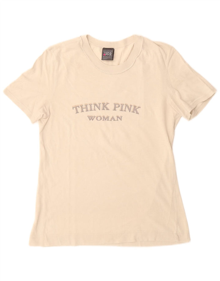 Think Pink Damen-Grafik-T-Shirt-Oberteil UK 12 Mittelweiß aus Baumwolle