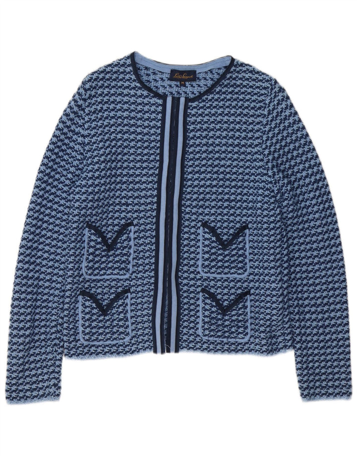 Luisa Spagnoli Offener Damen-Cardigan-Pullover UK 12 Mittelblauer Hahnentrittmuster