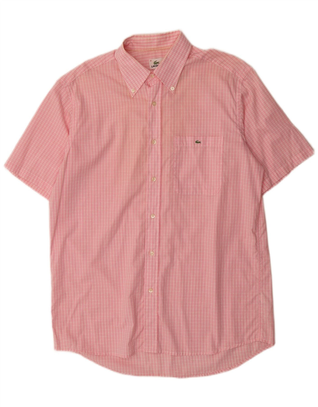 Lacoste Herren-Kurzarmhemd, Größe 42, große rosa Gingham-Baumwolle