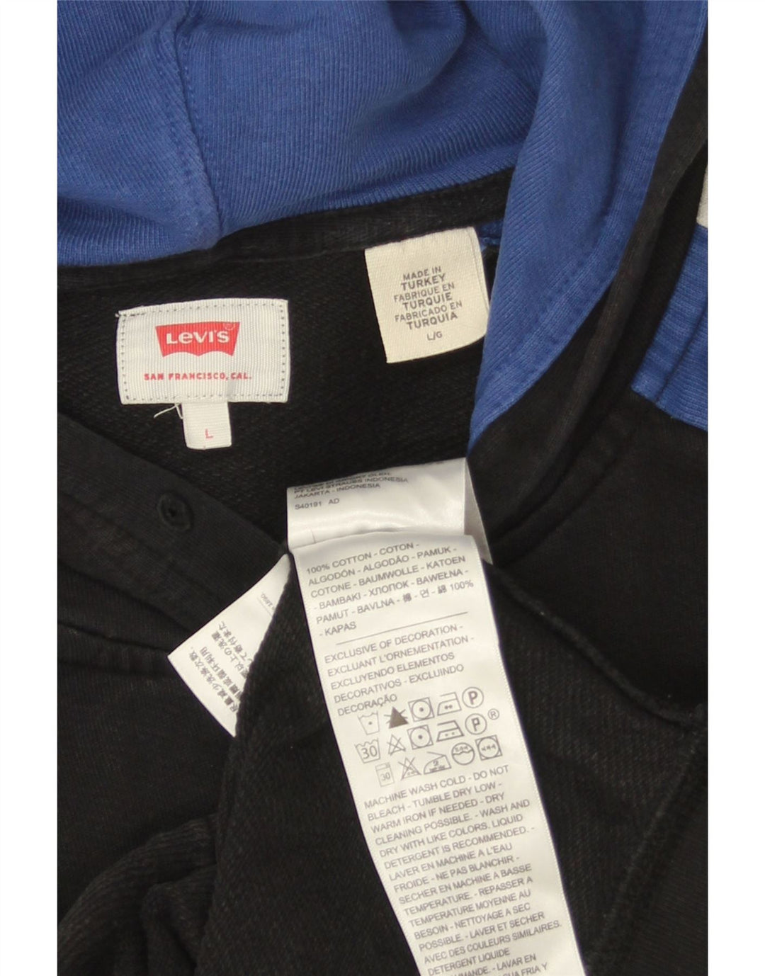 Levi's Herren-Kapuzenpullover mit Reißverschluss, groß, aus schwarzer Baumwolle in Blockfarben