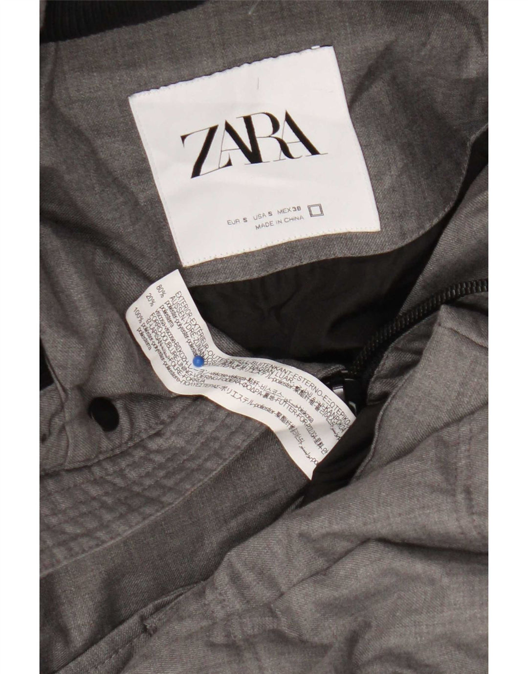 Zara Herren-Mantel mit Kapuze, gepolstert, Größe 36, Größe S, grau, Polyester