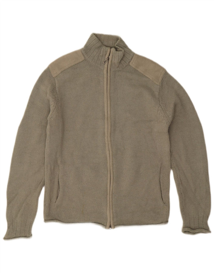 French Connection Herren-Cardigan-Pullover aus mittelkhakifarbener Colourblock-Wolle