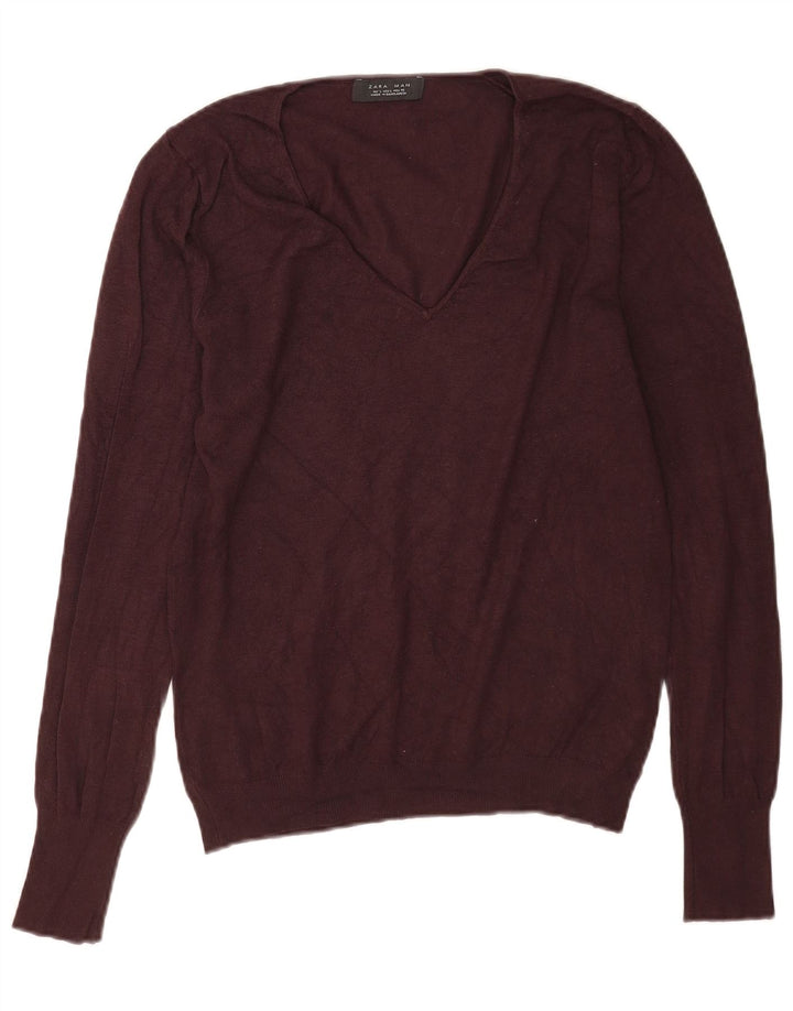Zara Herren-Pullover mit V-Ausschnitt, groß, braune Viskose
