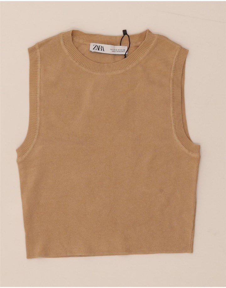 Zara Damen Crop Vest Tank Top UK 12 Mittelbeige Viskose