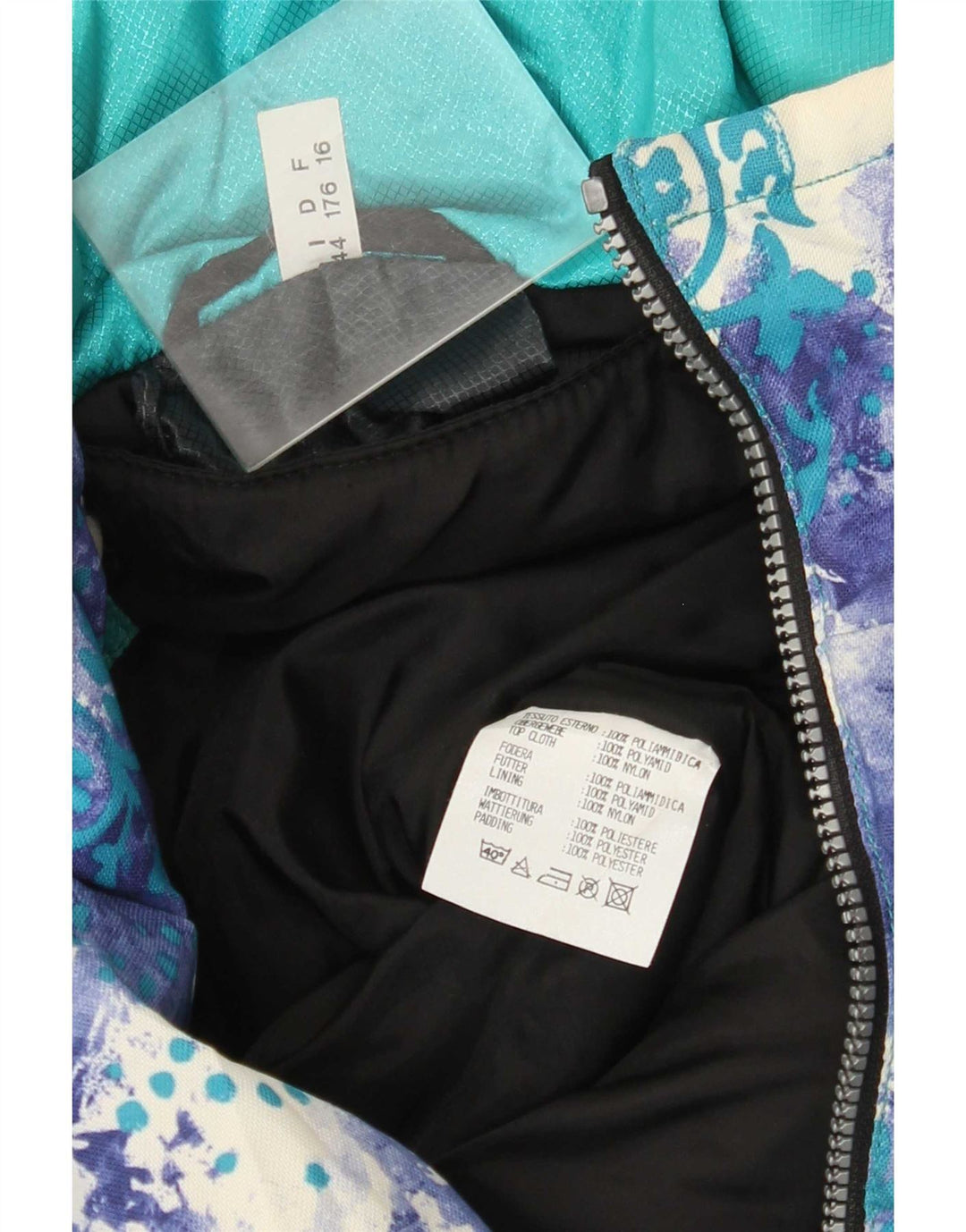 Vintage Damen Ski-Overall mit Kapuze, übergroß, Grafik, IT 44, mitteltürkis