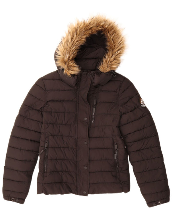 Superdry Damen-Jacke mit Kapuze, gepolstert, UK 10, Größe S, schwarzes Nylon