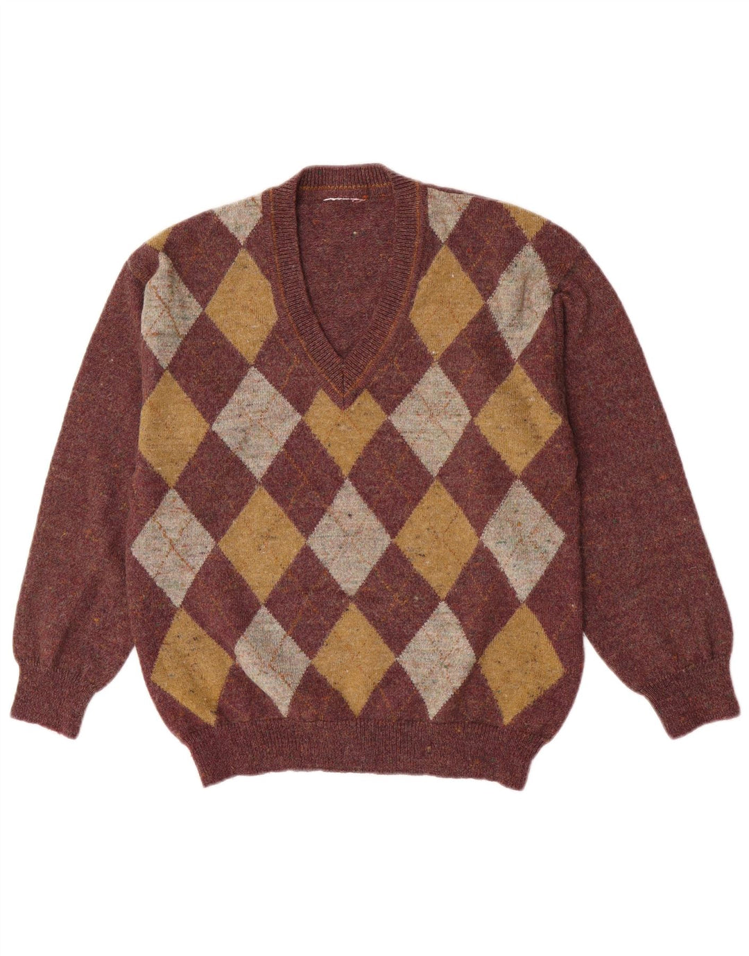 Vintage Herren V-Ausschnitt Pullover Pullover Medium Burgunder Argyle/Diamant
