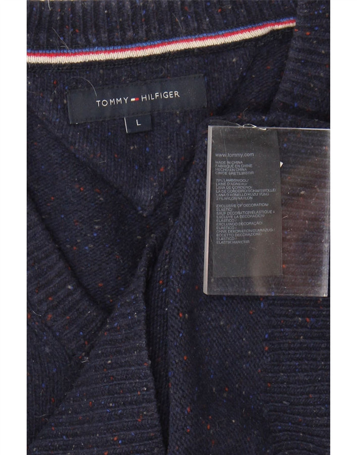TOMMY HILFIGER Mens V-Neck Jumper Sweater Large Navy Blue Lambswool