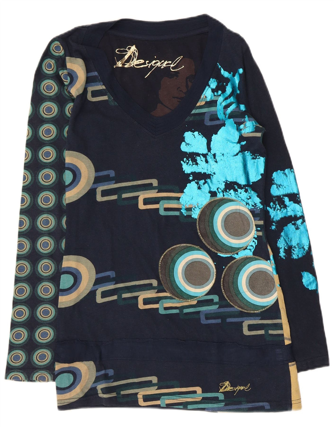 Desigual Damen Graphic Top Langarm UK 10 Small Marineblau