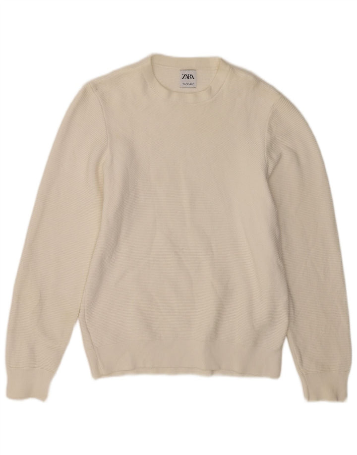 Zara Herren-Pullover mit Rundhalsausschnitt, Größe S, weiße Baumwolle