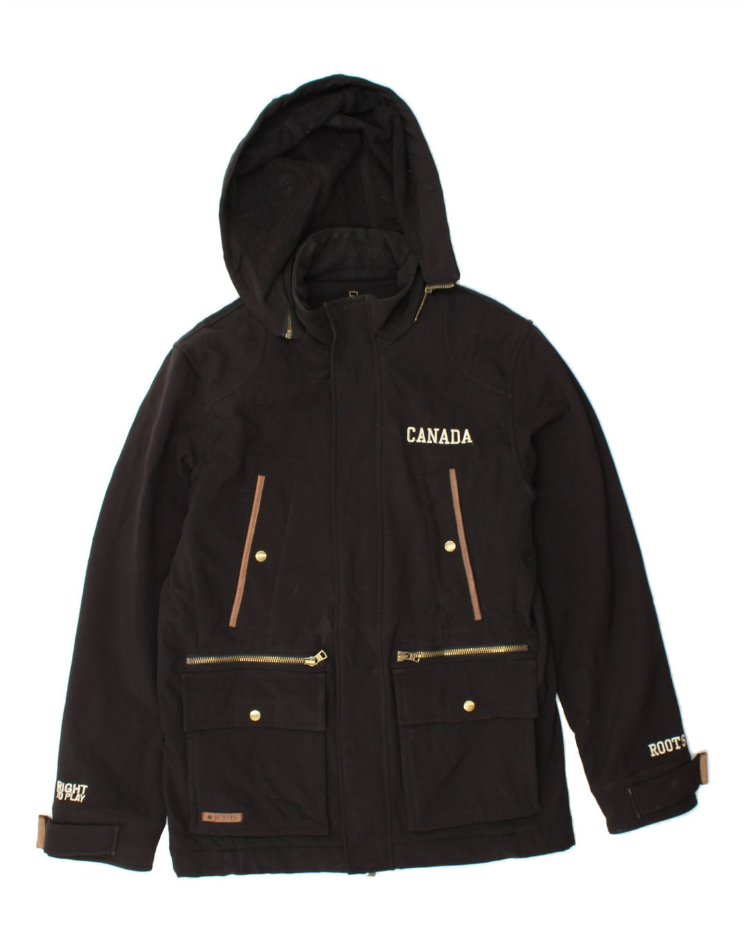 ROOTS CANADA Mens Hooded Windbreaker Jacket UK 38 Medium Black Polyester Vintage Roots canada and Second-Hand Roots canada from Messina Hembry 