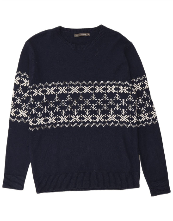FRENCH CONNECTION Herren-Pullover mit Rundhalsausschnitt, mittleres Marineblau, Fair Isle-Muster