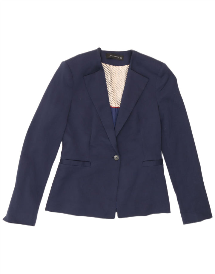 Zara Damen 1-Knopf-Blazerjacke UK 12 Mittelmarineblaue Baumwolle