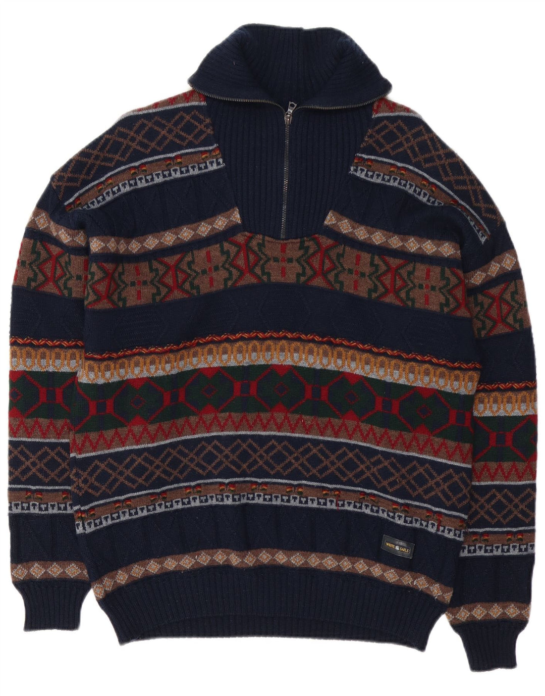 White Sails Herren-Pullover mit Reißverschluss am Hals, groß, marineblaue Fair-Isle-Wolle
