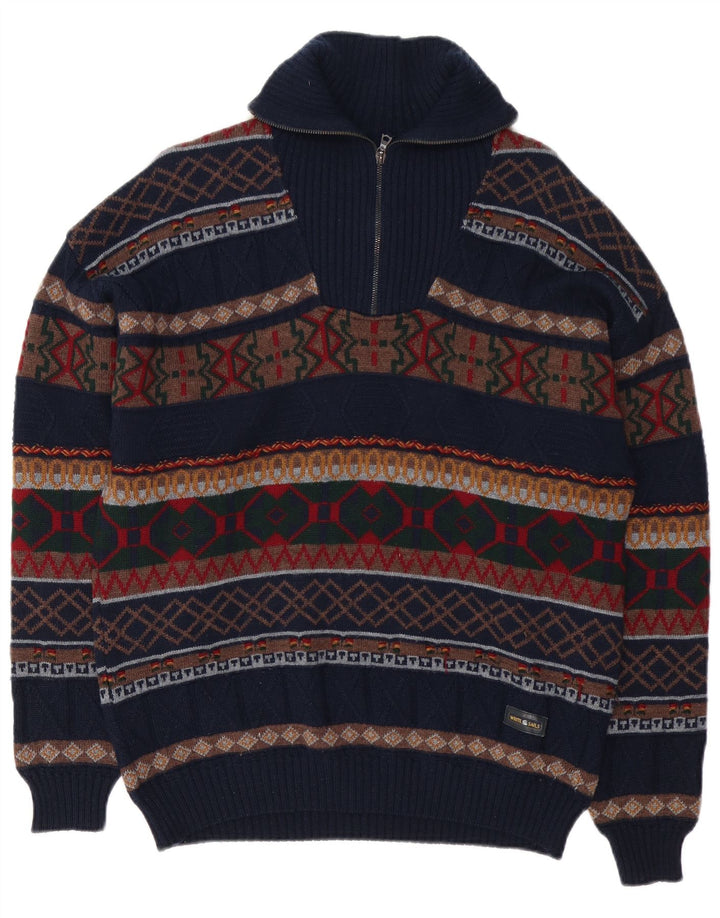 White Sails Herren-Pullover mit Reißverschluss am Hals, groß, marineblaue Fair-Isle-Wolle