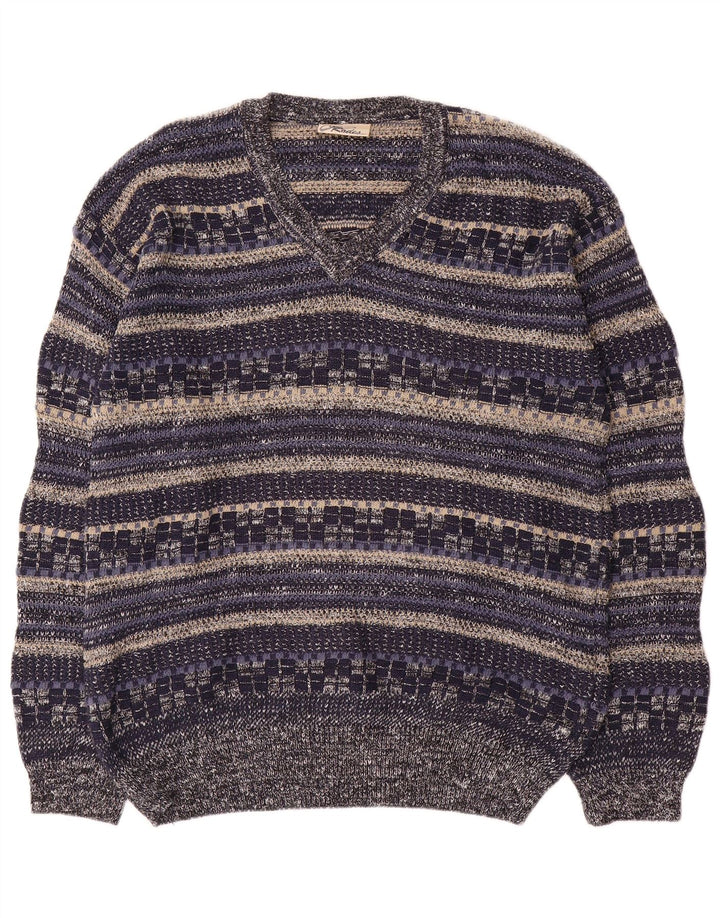Rodes Herren-Pullover mit V-Ausschnitt, mittelgroß, marineblau, gestreift, Baumwolle