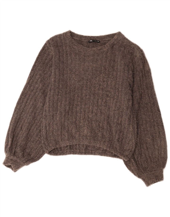Zara Damen Crop-Pullover mit U-Boot-Ausschnitt, UK 14, Mittelgrau, Polyester