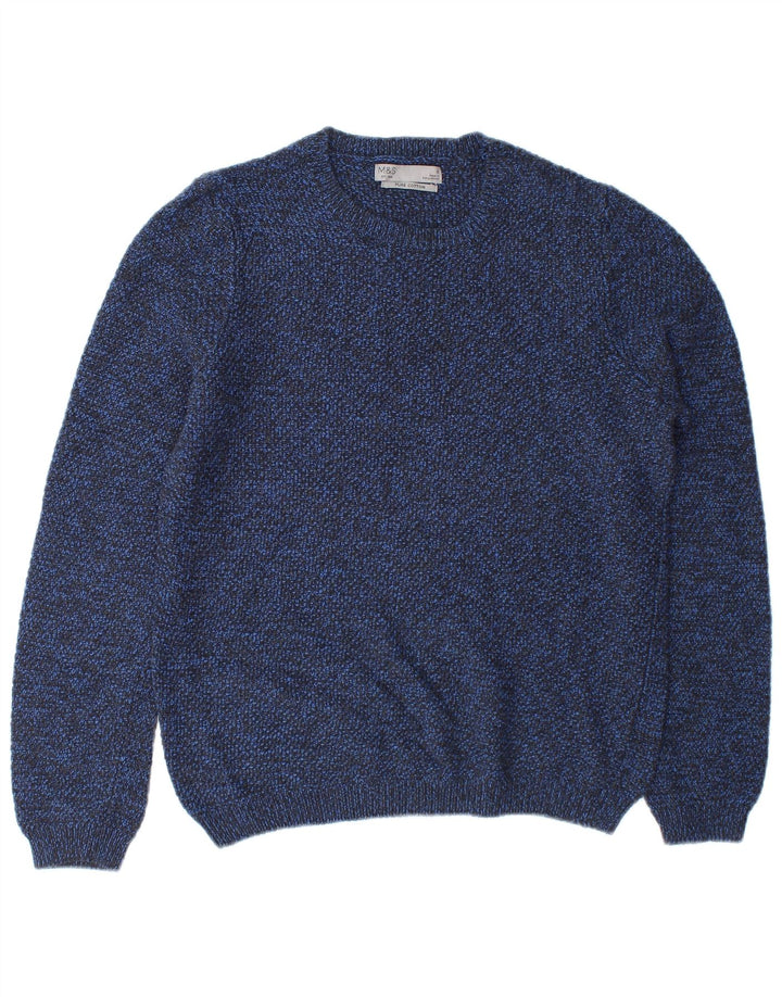Marks & Spencer Herren-Pullover mit Rundhalsausschnitt, klein, blau gefleckte Baumwolle