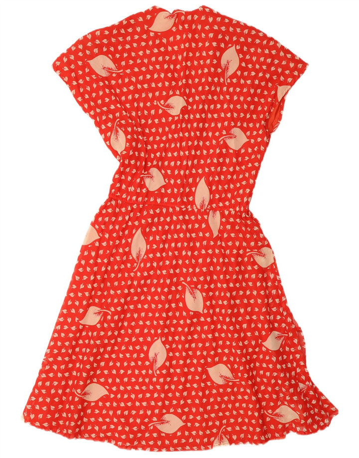Vintage Damen A-Linien-Kleid mit Rüschen vorne, ITB 44, Mittelrot, Blumen-Retro