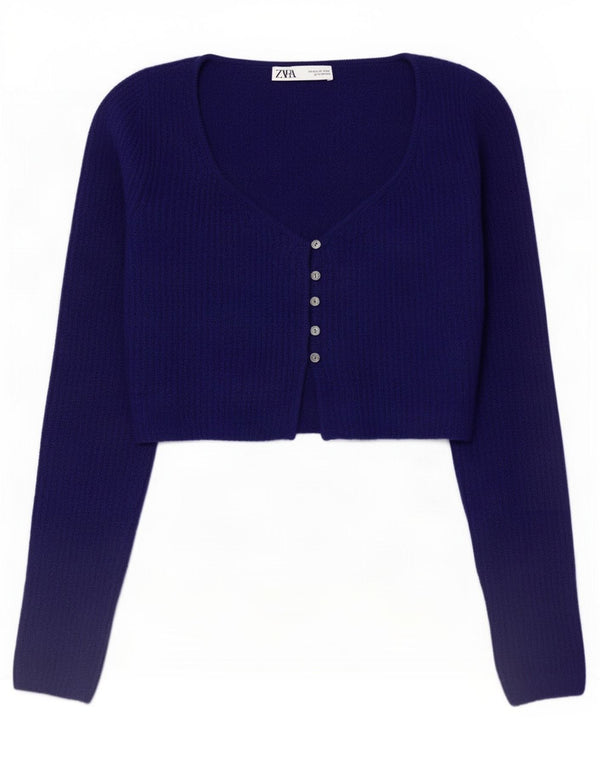 Zara Damen Crop Cardigan Pullover UK 12 Medium Marineblau Acryl