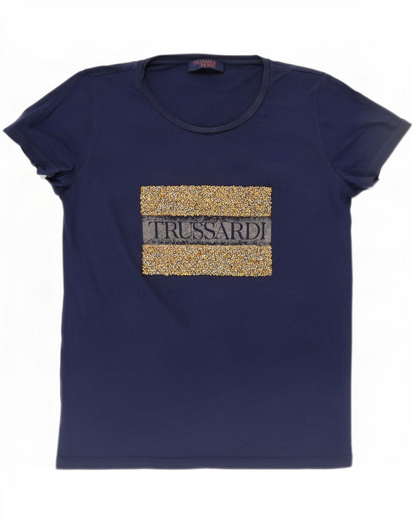 Trussardi Jeans Damen Grafik-T-Shirt-Oberteil UK 16 Large Marineblau Baumwolle