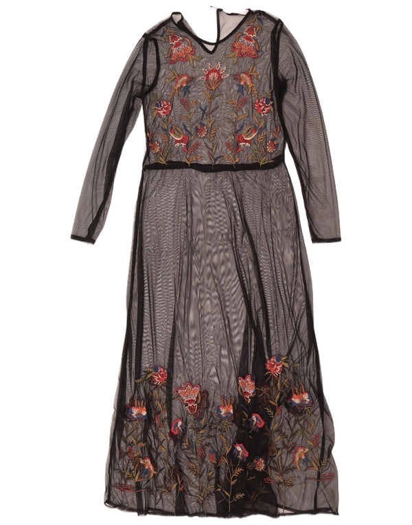 Zara Damen Trafaluc Langarm-Maxikleid UK 10 Small Schwarz geblümt