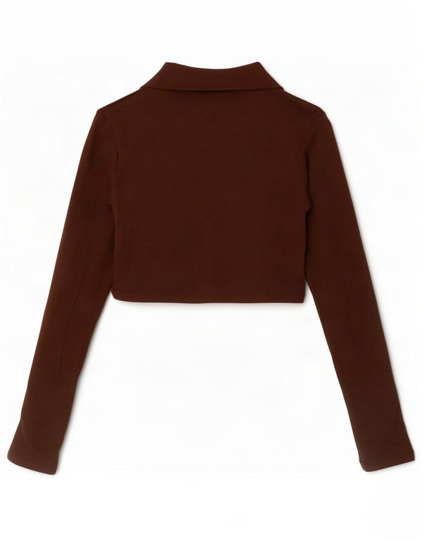 Zara Damen Crop Langarm-Poloshirt UK 8 Small Braun Baumwolle
