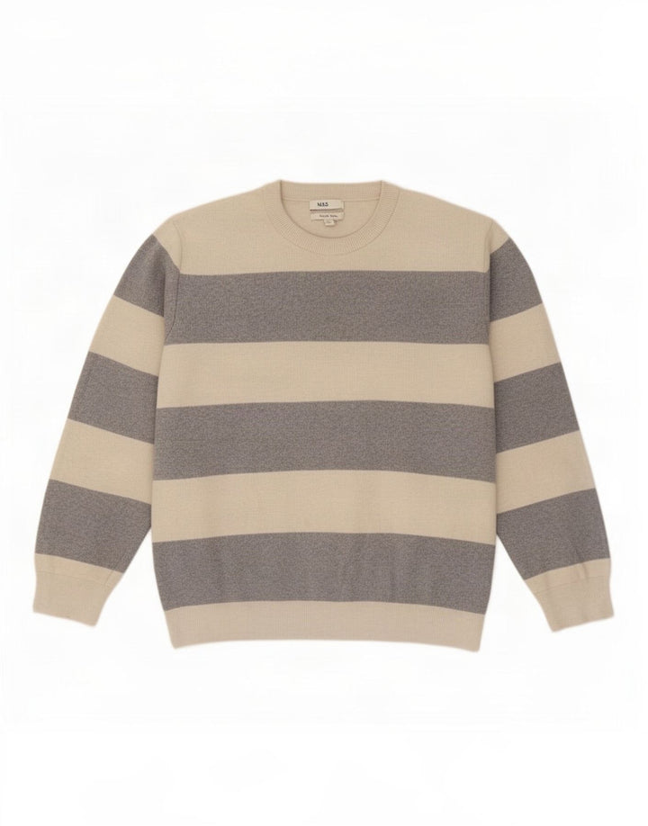 Marks & Spencer Herren-Pullover mit Rundhalsausschnitt, XL, beige gestreift, Polyester