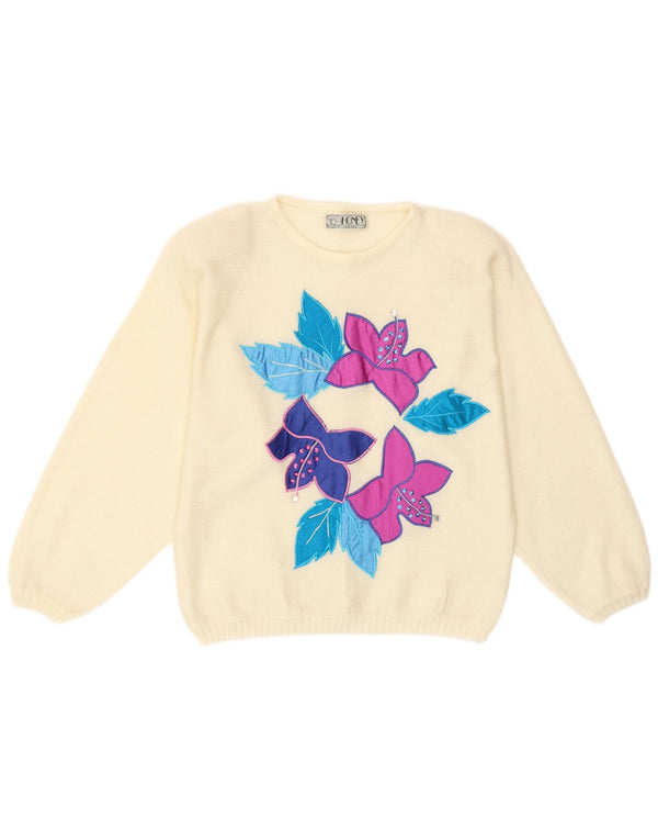 Vintage Damen Pullover mit Rundhalsausschnitt, Einheitsgröße, aus weißem, floralem Acryl