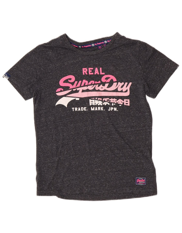 Superdry Damen Grafik-T-Shirt-Oberteil UK 10 Small Grau gefleckte Baumwolle