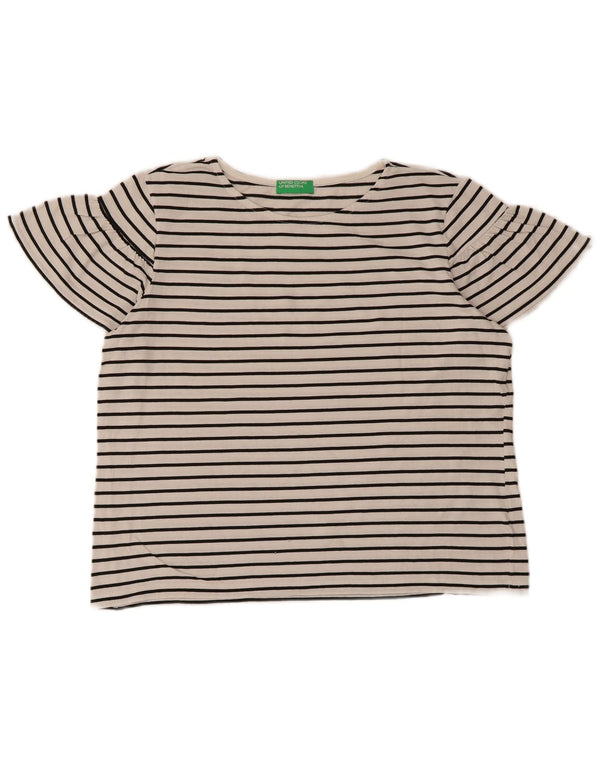 Benetton Damen Kurzarm-T-Shirt-Oberteil UK 16 Large Weiß gestreift