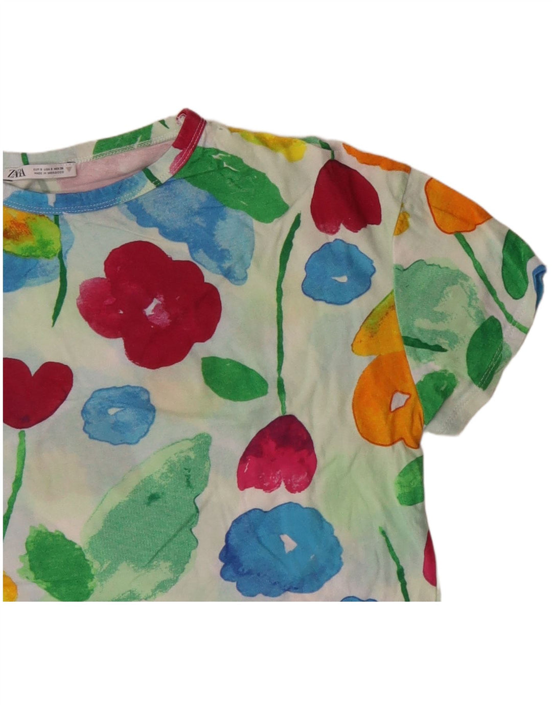 ZARA Damen Crop Graphic T-Shirt Top UK 10 Small Mehrfarbig geblümt