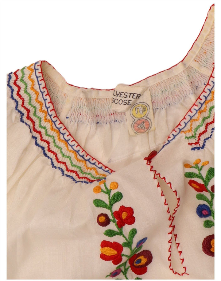 VINTAGE Damen Crop Bluse Top UK 16 Großes weißes Blumenmuster aus Polyester