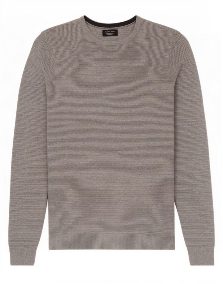 Zara Herren-Pullover mit Rundhalsausschnitt, mittelgraue Baumwolle