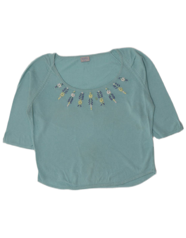 Oasis Damen Crop Top 3/4 Ärmel UK 16 Large Blau geblümt Baumwolle