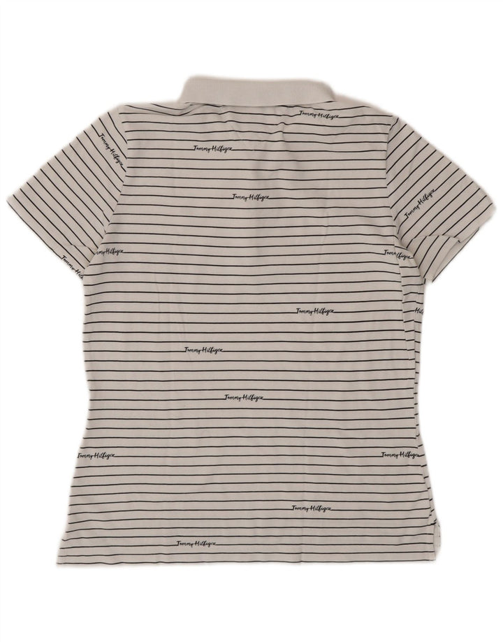 TOMMY HILFIGER Damen Grafik-Poloshirt UK 14 Mittelweiß gestreift