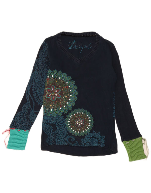 Desigual Damen-Pullover mit V-Ausschnitt, Gr. 12, mittlere Marineblau-Blumen-Baumwolle