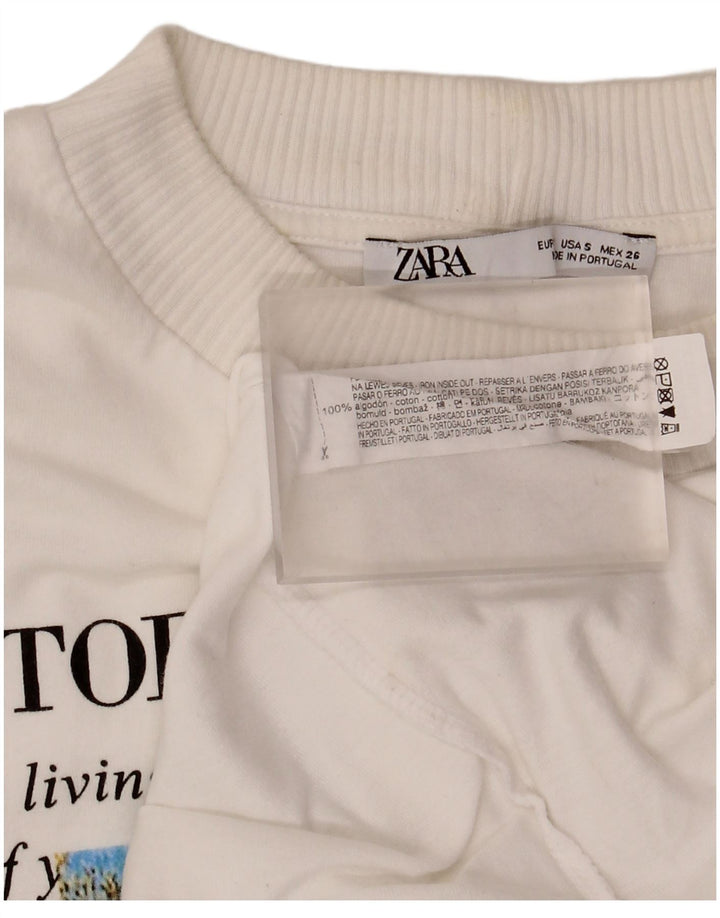 Zara Damen-Oberteil mit Grafik, übergroß, langärmlig, UK 10, Größe S, weiße Baumwolle