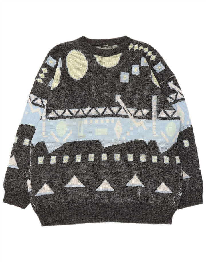 Vintage Herren Pullover mit Rundhalsausschnitt, groß, grau, geometrisch