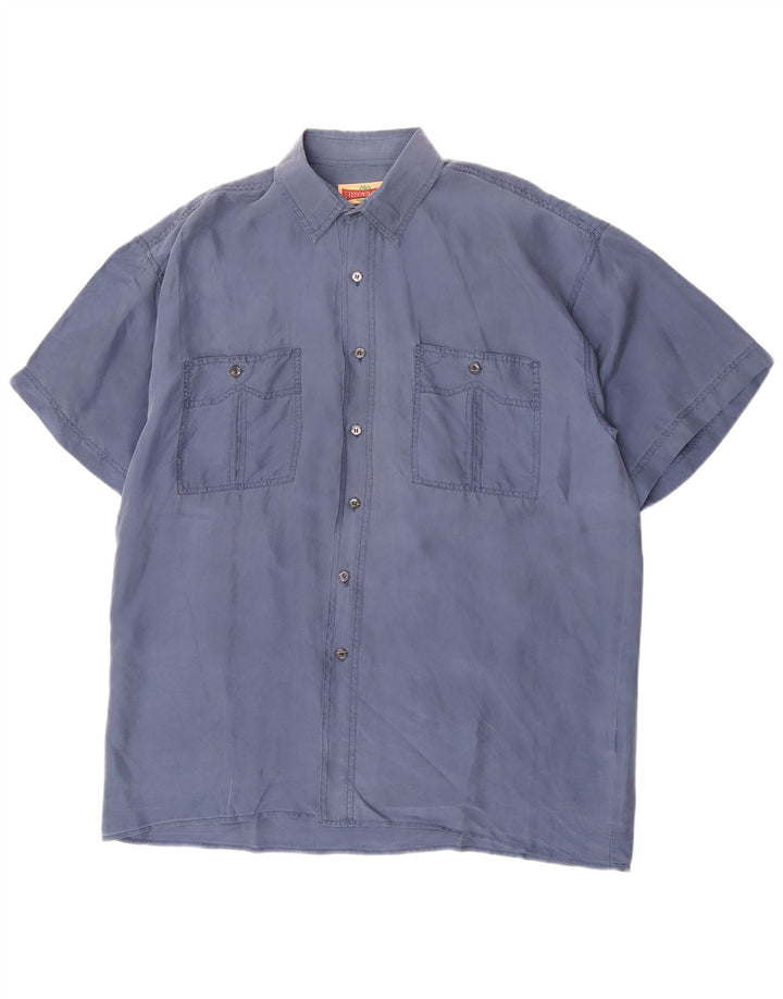 Vintage Herren Kurzarmhemd, groß, blau, Seide, klassisch