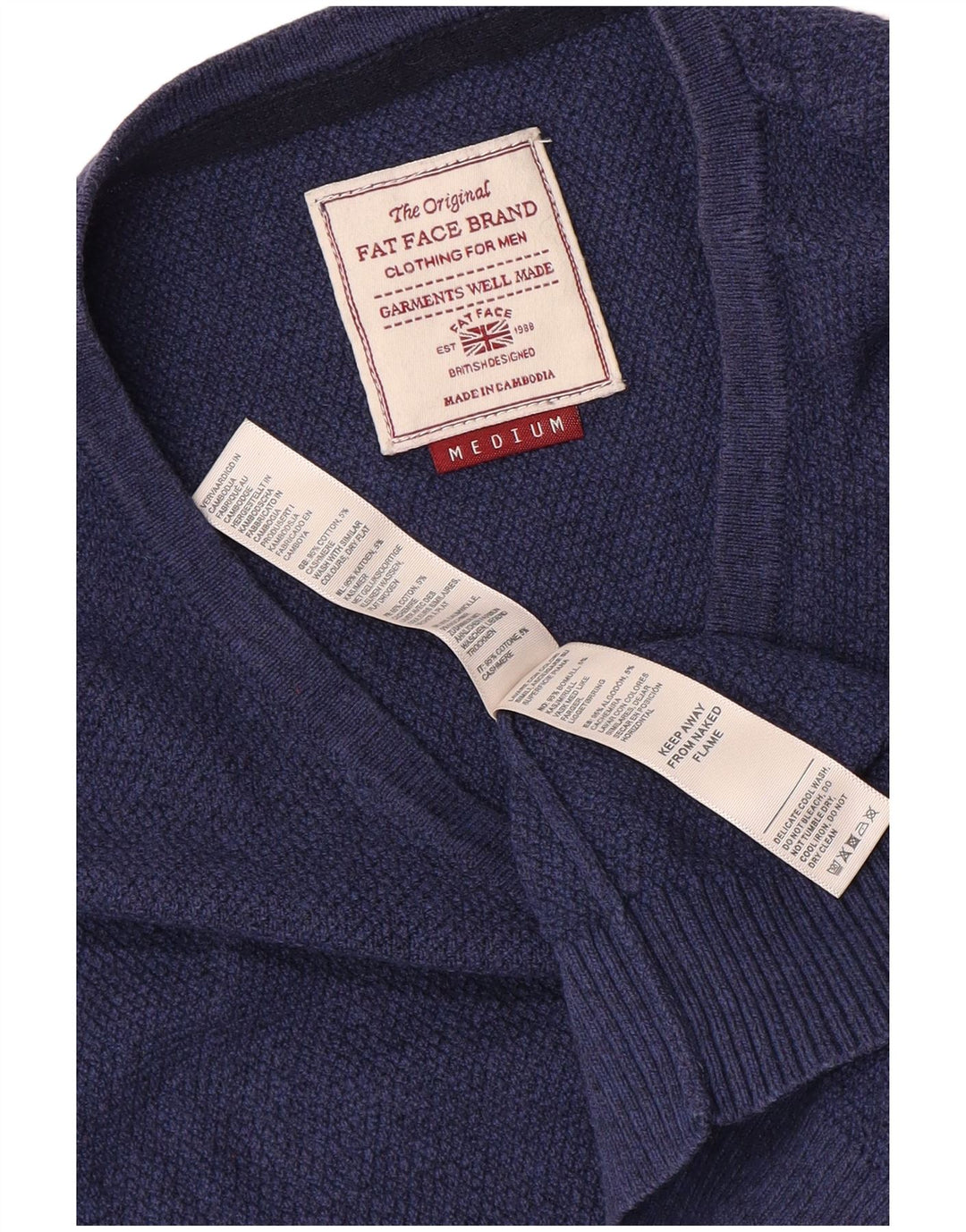 Fat Face Herren-Pullover mit V-Ausschnitt aus mittelblauer Baumwolle
